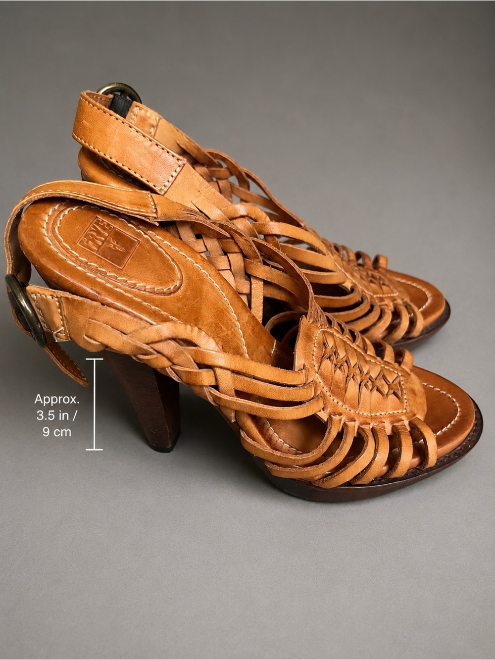 Frye Tan Leather Woven High-Heel Sandals